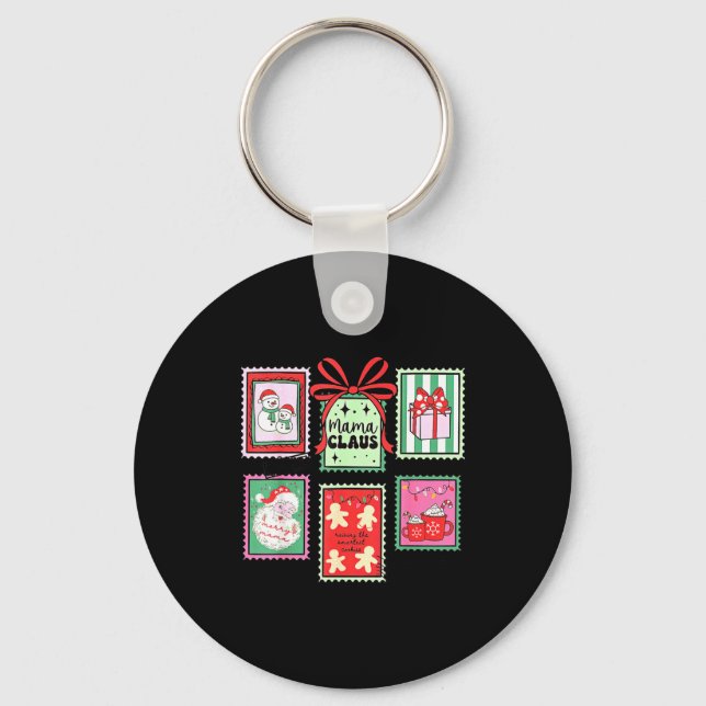 Mama Claus Christmas Mom Stamp Bow Pajama Matching Keychain (Front)