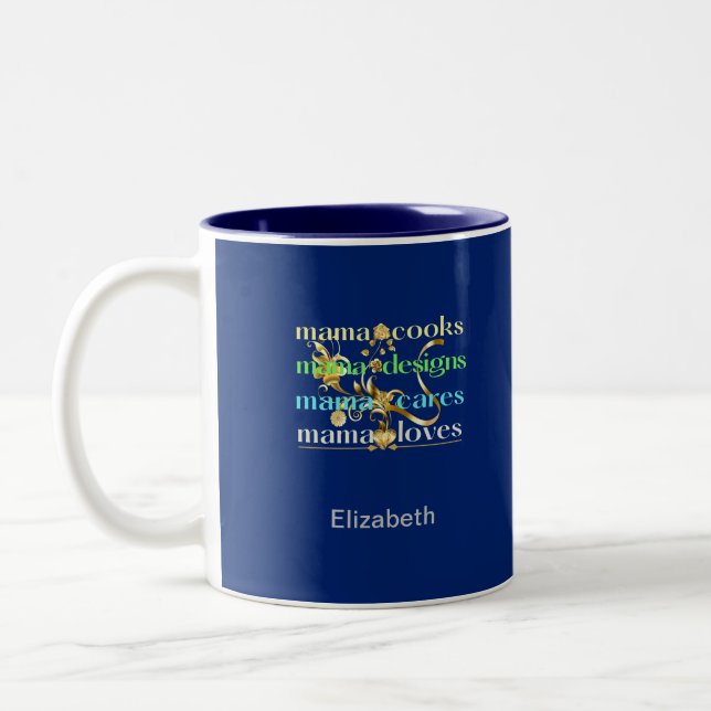 Mama Cooks Mama Designs Mama Cares Mama Loves Two-Tone Coffee Mug (Left)