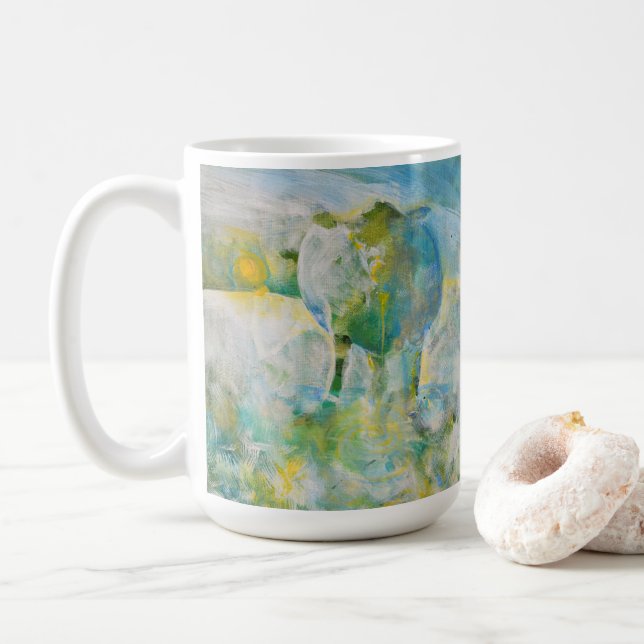 Mama Cow Country Farm Art Blue Green Large Coffee Mug (With Donut)