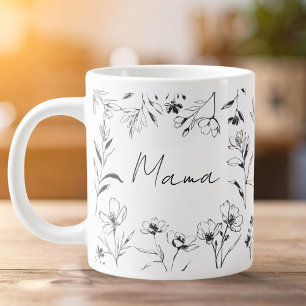 Mama Custom Quote Black White Floral Line Art  Large Coffee Mug