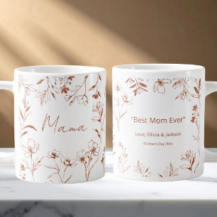Mama Custom Quote Brown White Floral Line Art  Coffee Mug