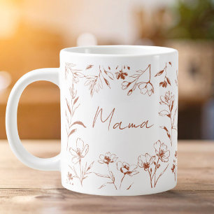 Mama Custom Quote Brown White Floral Line Art  Large Coffee Mug