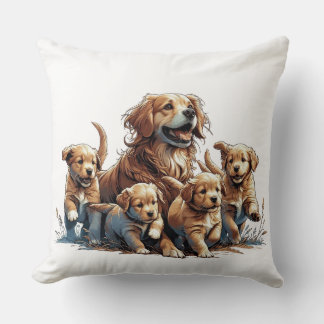 Mama Dog and Her Puppies Throw Pillow