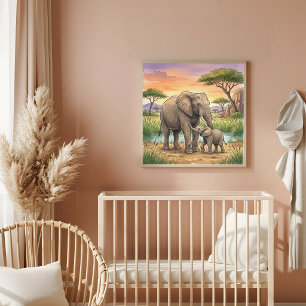 Mama Elephant and Calf Nursery Poster