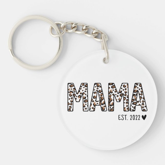 Mama Est Keychain Leopard Print, Custom Mama Est (Front)