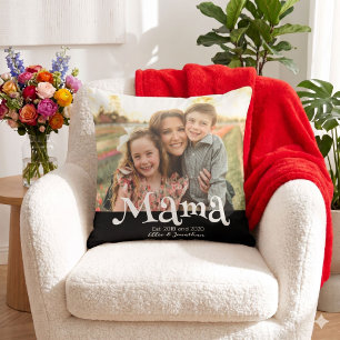 Mama Established Photo Kids Name Fun Text Throw Pillow