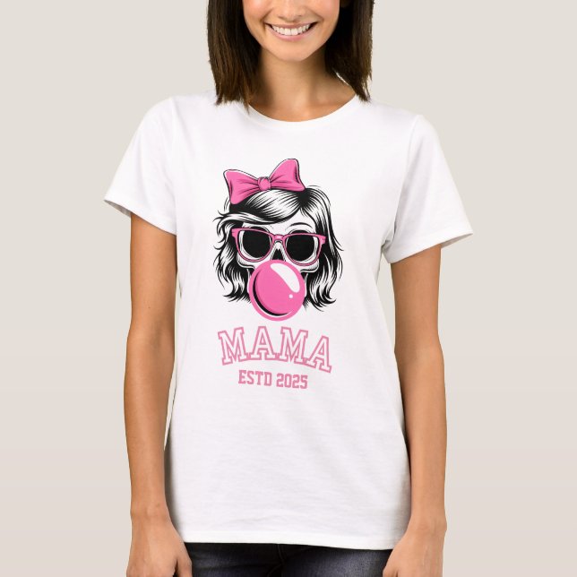 Mama Estd 2025 Skull With Pink Bow T-Shirt (Front)