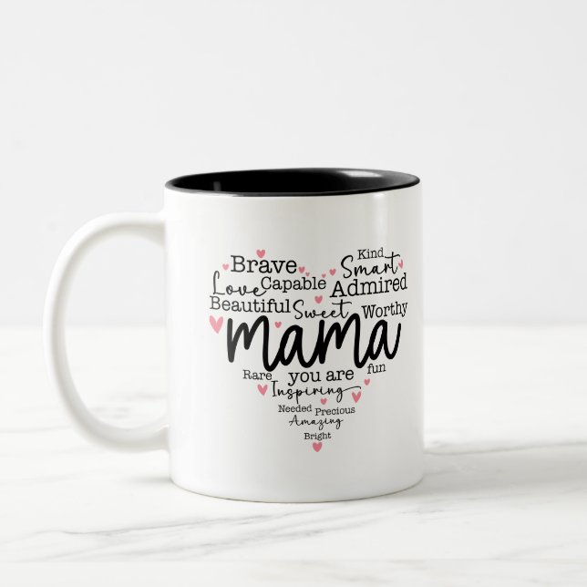 Mama Gift Mom Script Inspiring Hearts Two-Tone Coffee Mug (Left)