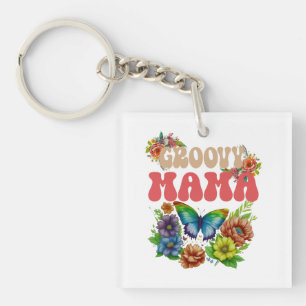 Mama Groovy Floral, Retro Motherhood Colourful Keychain