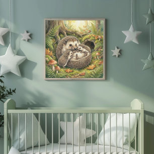 Mama Hedgehog and Her Babies Nursery Poster