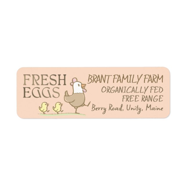 Mama hen and chicks on an egg-coloured carton labe (Front)