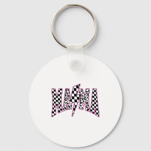 Mama Lightning Bolt Checkered Leopard Varsity Moth Keychain (Front)