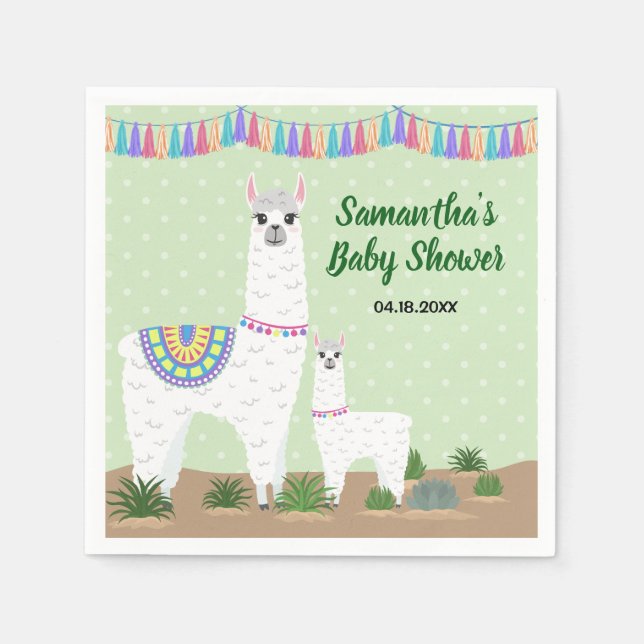 Mama Llama and Baby Green Polka Dot Baby Shower Napkin (Front)
