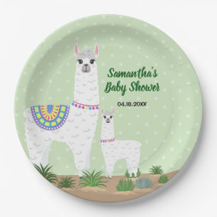 Mama Llama and Baby Green Polka Dot Baby Shower Paper Plate