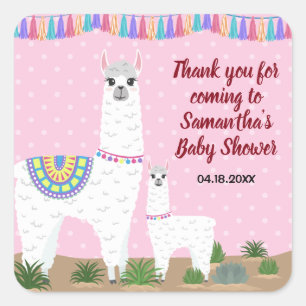 Mama Llama and Baby Pink Polka Dot Baby Shower Square Sticker