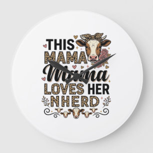 Mama Loves Her Herd Vintage Cow Mom Shirt Design_1 Large Clock