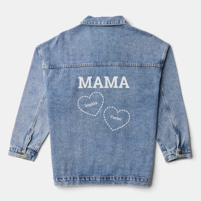 Mama of 2 Hearts Minimal Modern Mom Kids Names Den Denim Jacket (Back)