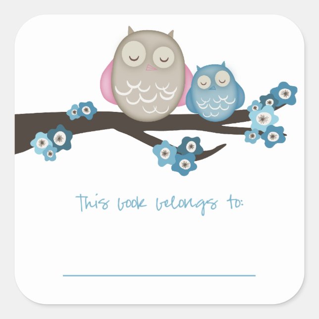 Mama Owl & Baby {Blue} | Bookplates Square Sticker (Front)