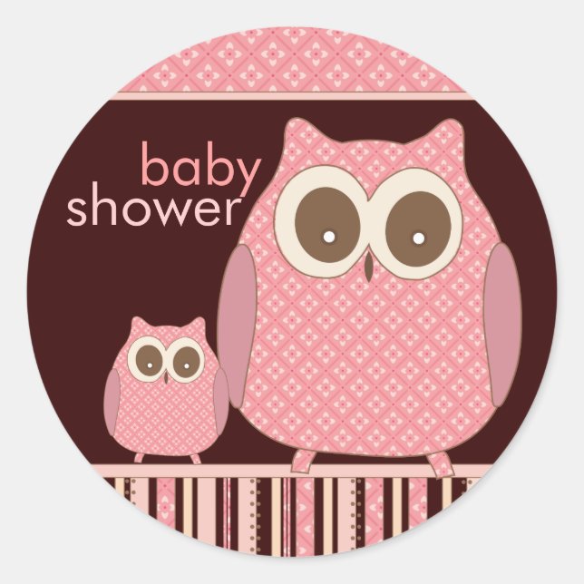 Mama Owl & Baby Owl in Pink and Brown Classic Round Sticker (Front)
