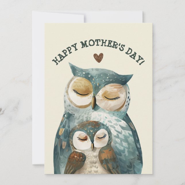  Mama Owl& Owlet  Watercolor Woodland Mother's Day Holiday Card (Front)