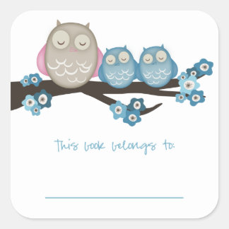 Mama Owl & Twins {Blue} | Bookplates Square Sticker