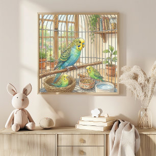 Mama Parekeet and Chicks Nursery Poster