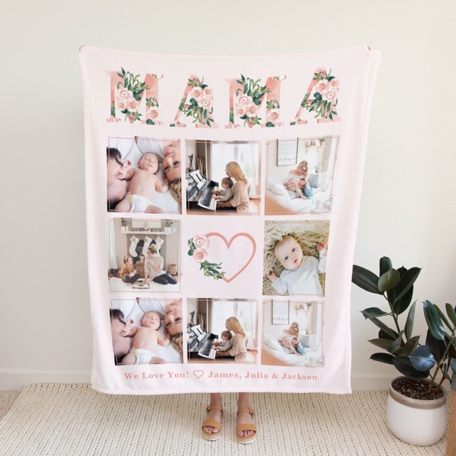 Mama Photo Floral Collage Custom Fleece Blanket (Creator Uploaded)
