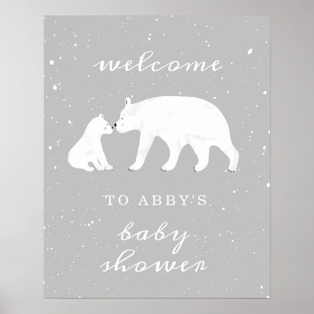 Mama Polar Bear Gray Snow Baby Shower Welcome Poster (Front)