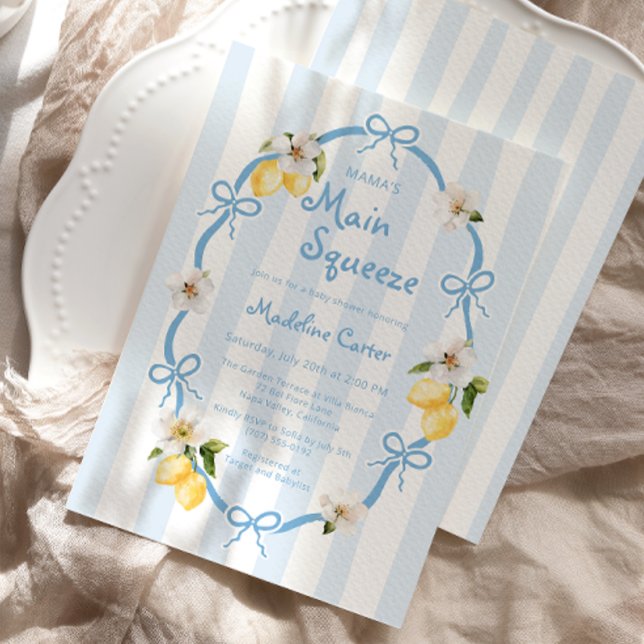 Mama’s Main Squeeze Lemon Blue Bows Baby Shower Invitation (Creator Uploaded)