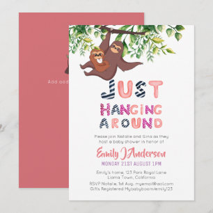 Mama SLOTH Just Hanging Around Pink Baby Girl Invitation