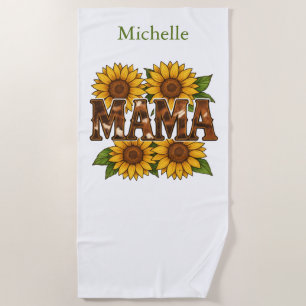 Mama Sunflowers Monogram Name Initials, Gift Mom Beach Towel