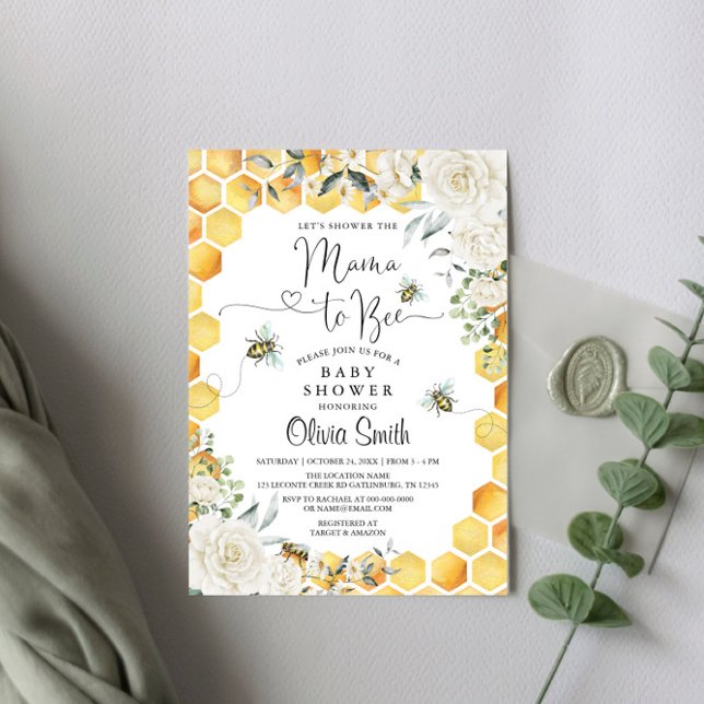 Mama to Bee White Floral Baby shower Invitation (Créateur téléchargé)