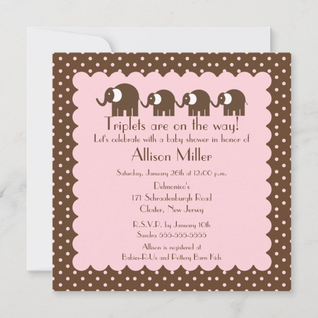 Mama & triplet Girls Baby Elephant Baby Shower Invitation (Front)