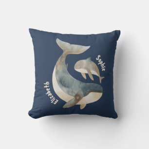 Mama Whale Custom Name Navy Blue Mother's Day Throw Pillow