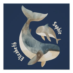 Mama Whale Navy Blue Monogram Name Mother's Day Poster