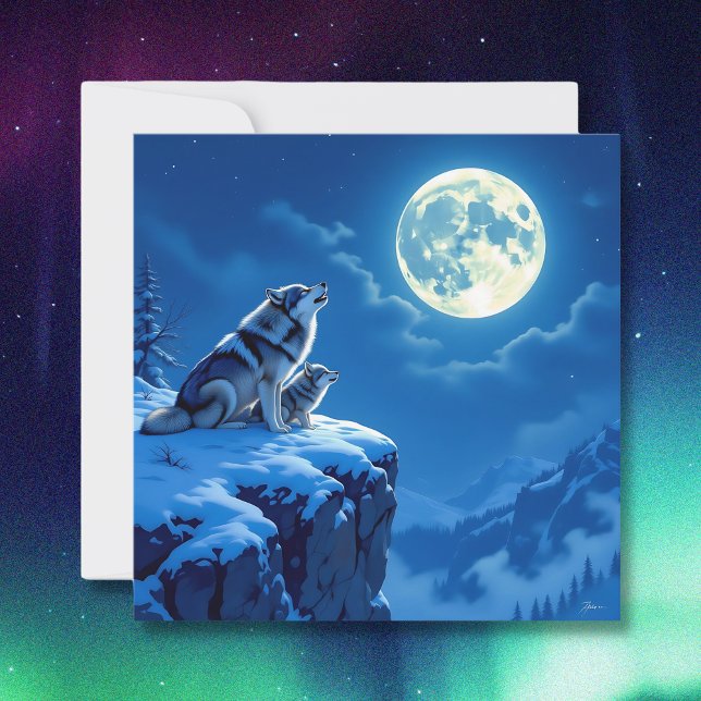 Mama Wolf and her Cub Howling at Moon Holiday Card (Creator Uploaded)