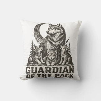 Mama Wolf and Pups Forest Moon Nature Graphic Throw Pillow