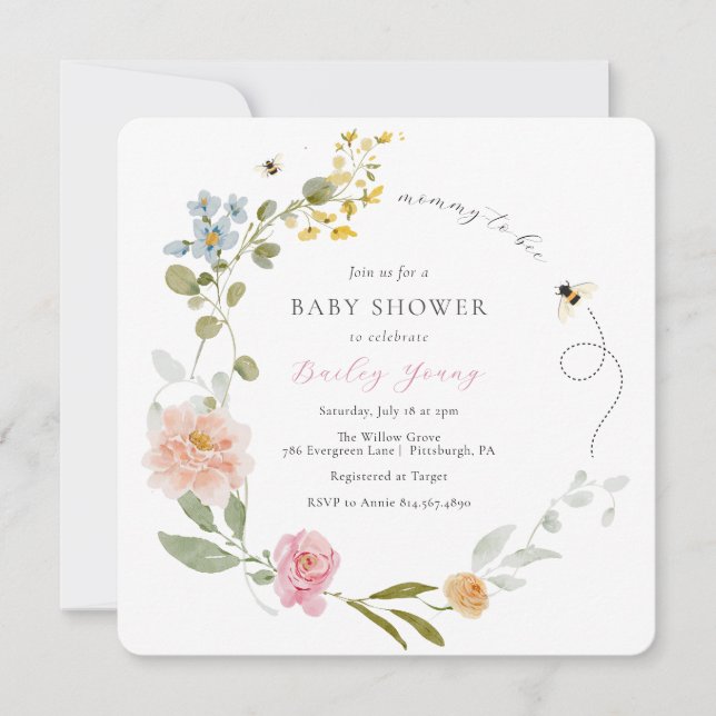 Maman à Abee Floral Baby shower Invitation (Devant)
