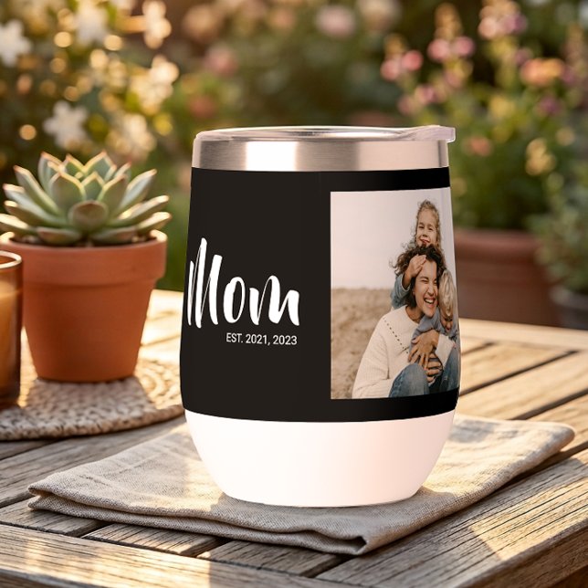 Maman a établi un script photo noir (Mom Established Photo Mother's Day Gift Wine Tumbler)