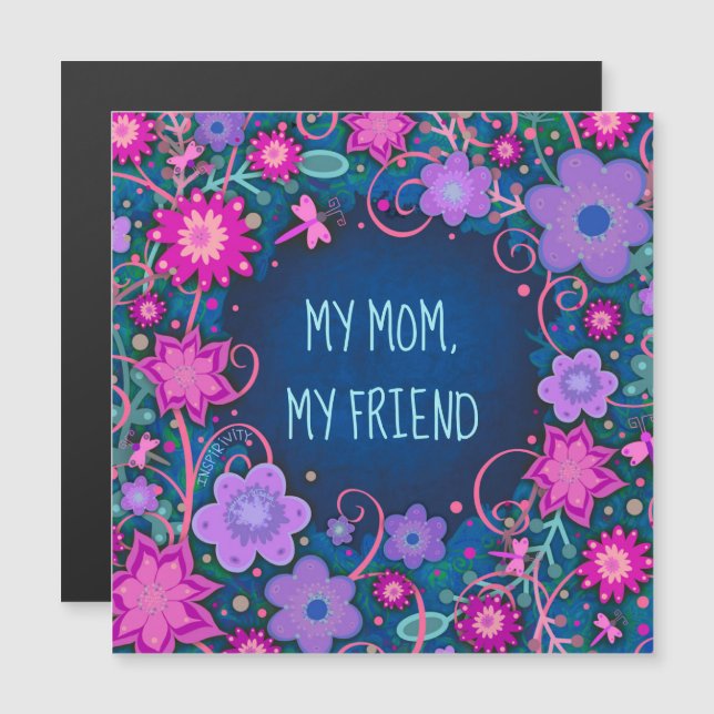 Maman Ami Plutôt Floral Coeur Bleu Carte magnétiqu (Devant / Derrière)