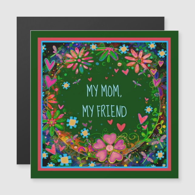 Maman Ami Plutôt Floral Coeur Vert Carte magnétiqu (Devant / Derrière)