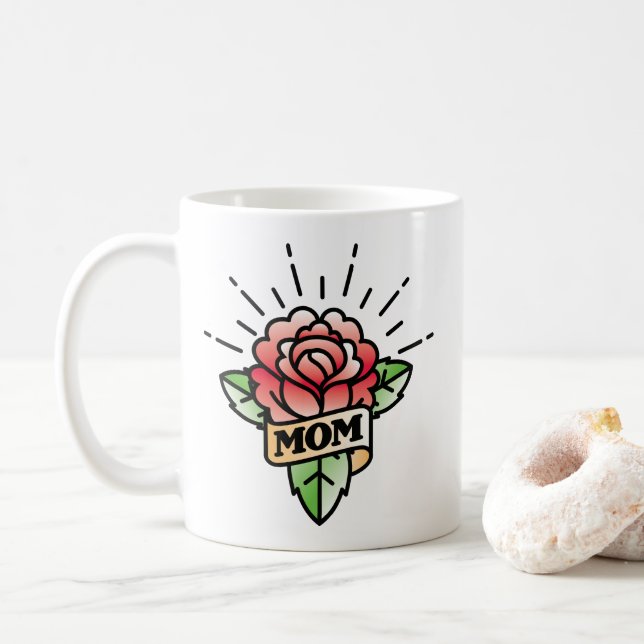 Maman Tattoo Style Rose café Mug (Avec donut)