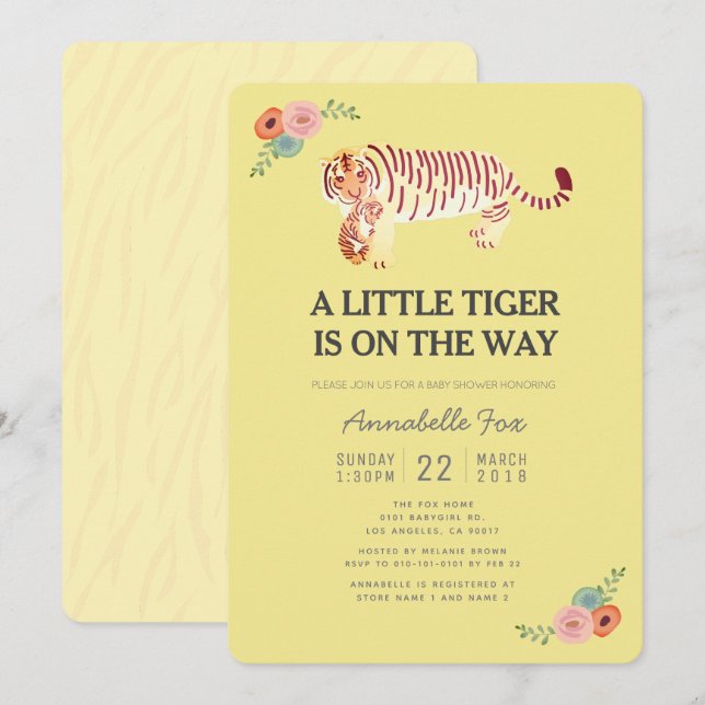 Maman Tiger Carry Cub Baby shower jaune Invitation (Devant / Derrière)