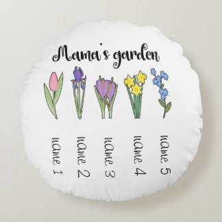Mama's floral garden with 5 personalized names round pillow