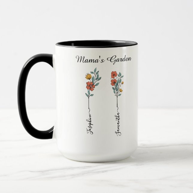 Mama's Garden Custom 2 Names Floral Gift for Mom Mug (Left)