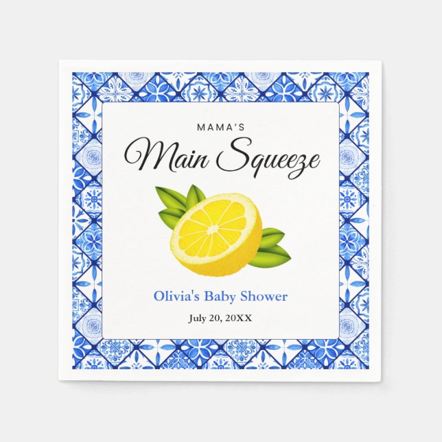 Mama's Main Squeeze Blue Tile Lemon Baby Shower  Napkin (Front)
