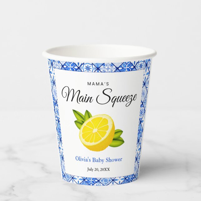 Mama's Main Squeeze Blue Tile Lemon Baby Shower  Paper Cups (Front)