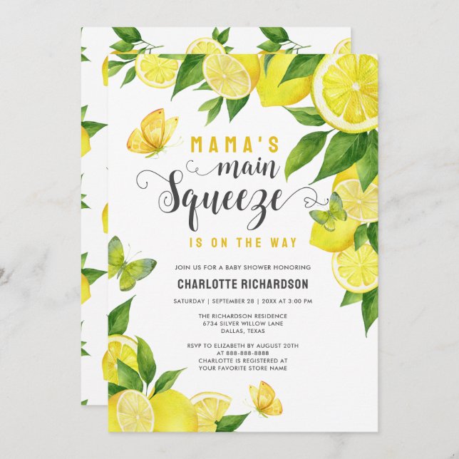 Mama's Main Squeeze Lemon Butterfly Baby Shower Invitation (Front/Back)