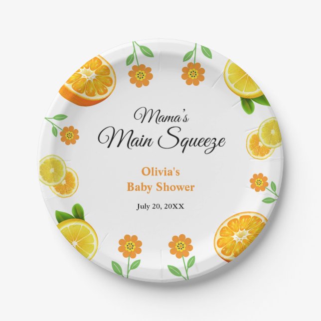 Mama's Main Squeeze Orange Citrus Baby Shower  Paper Plate (Front)