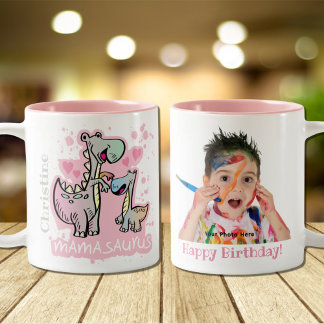 Mamasaurus Dino Mom Happy Birthday Photo Custom Two-Tone Coffee Mug